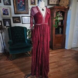 Pink + Sophie Burgundy Lace Maxi Dress Long Sleeve V-Neck Boho Womens Gown